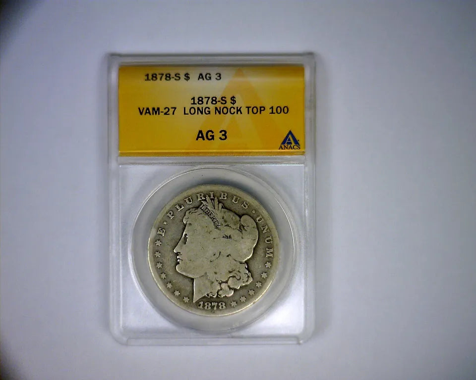 ANACS GRADED AG3 1878S VAM 27 LONG NOCK MORGAN SILVER DOLLAR U.S. COIN 1878 S